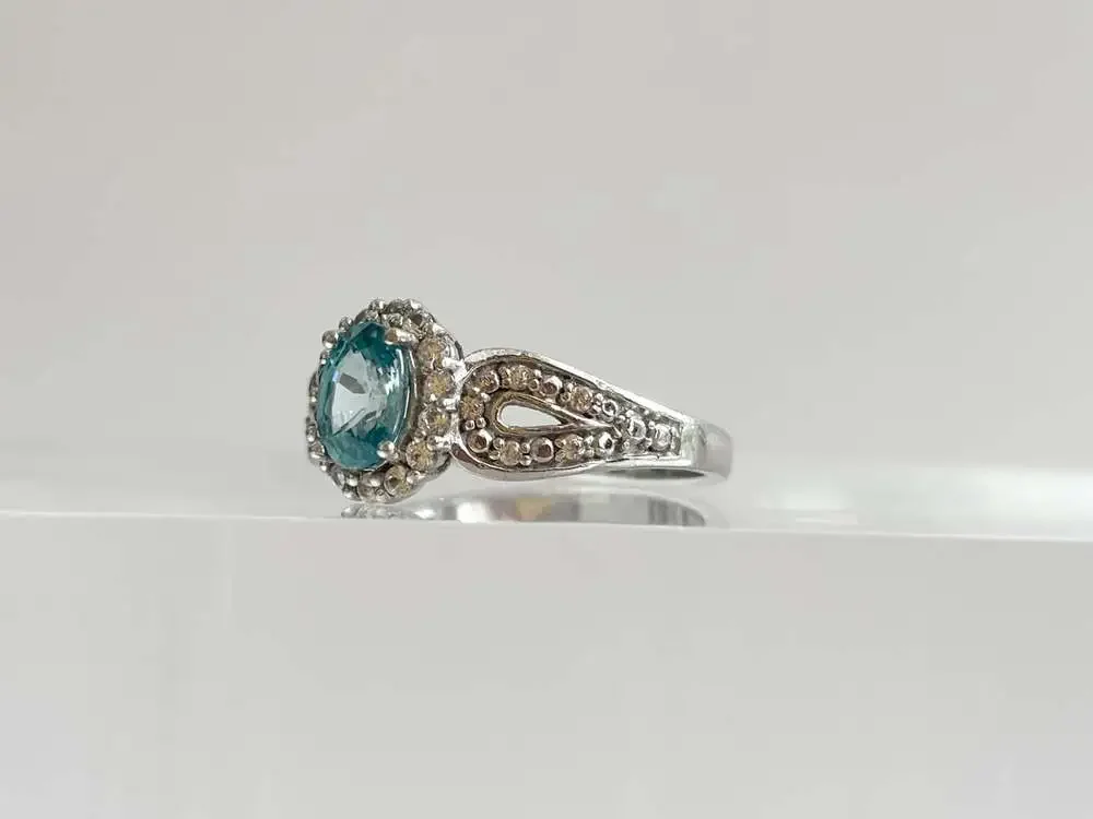 Blue Topaz Halo Style Open Shank Multi Gemstone Sterling Silver 925 Vintage Ring